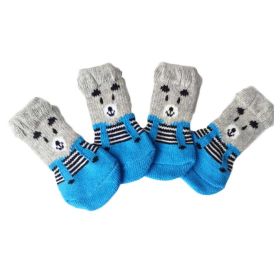 4 Pcs Dogs Blue Bear Knitted Socks Paw Protectors