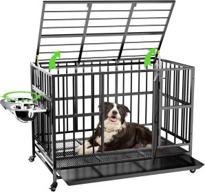 43" Heavy Duty Dog Crate with Unique Air Lift Rod/Wheels/ 360Â° & Adjustable 2 Bowls, Extra Medium Dog Crate