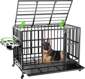 48" Heavy Duty Dog Crate with Wheels/Unique Air Lift Rod / 360Â° & Adjustable 2 Bowls/Removable Dog Cage